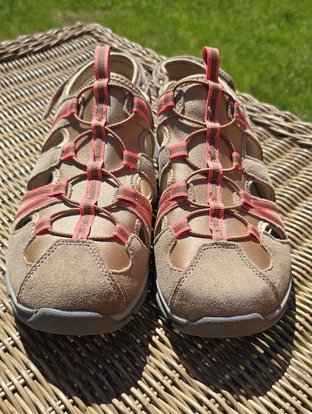 Lands' End Women's Tan Suede Fisherman Sandals with Coral Straps